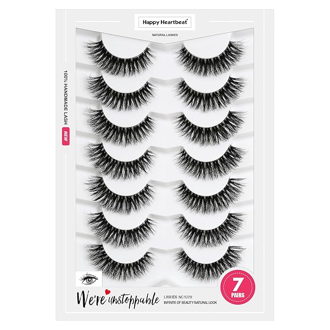 3D Clear Band Lashes Natural Volume Soft Faux Mink Lashes D Curl Cat Eye Wispy Fake Eyelashes Short Cross Reusable False EyeLashes 7 Pairs (No.197)
