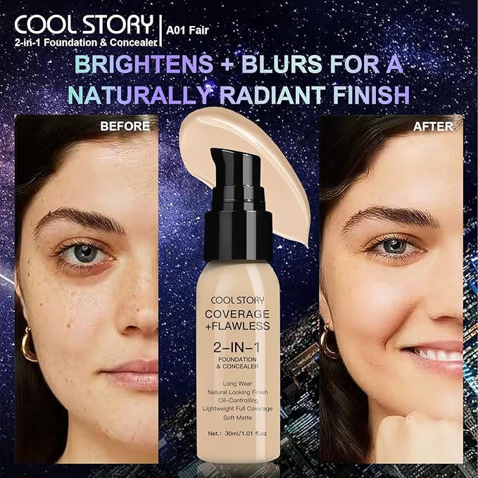 2-in-1 Foundation and Concealer Long Wear Natural Matte Finish Lightweight Coverage (Fair)