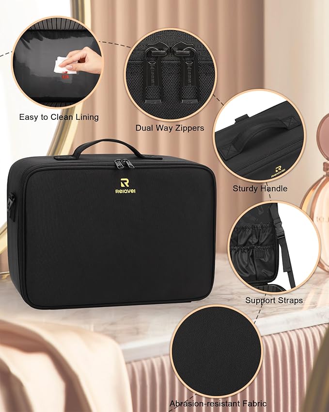 Relavel Large Makeup Bag with 3 Removable Pouches, Travel Train Case Cosmetic Organizer Carrying Box for Makeup Artists Hairstylist with Adjustable Dividers, Brush Holder and Shoulder Strap, Black