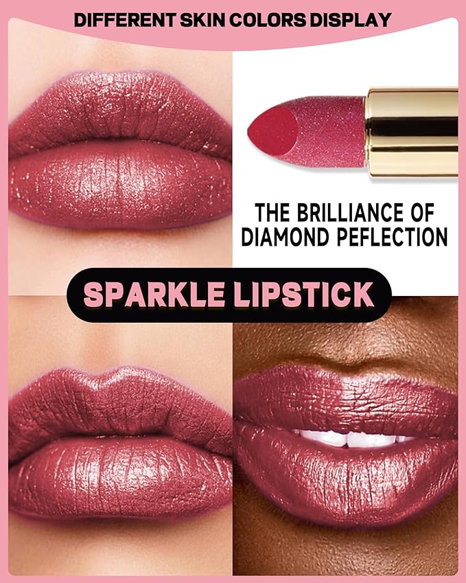 Glitter Metallic Rose Nude Shimmer Lipstick Long Lasting,Glitter Diamond Shine Red Lipstick Transfer Proof Non-Stick Lip Gloss Shimmer Highly Pigmented Full Coverage Lip Makeup for Women-05