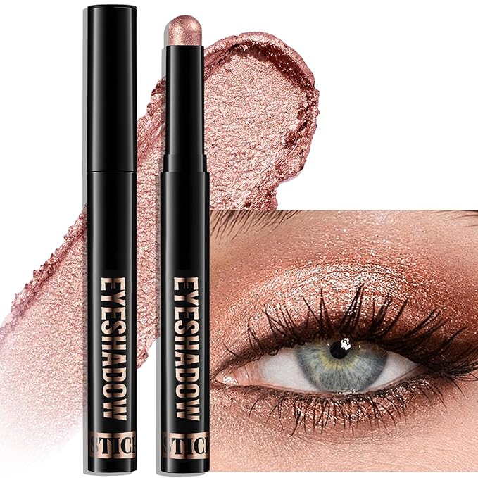 Rose Gold Shimmer Eyeshadow Stick, Waterproof Cream Eye Shadow Pencil Long-Lasting Crease-Proof Glitter Eyeshadow Crayon Smooth High Pigmented Highlighter Neutral Eye Shadow Liner Makeup