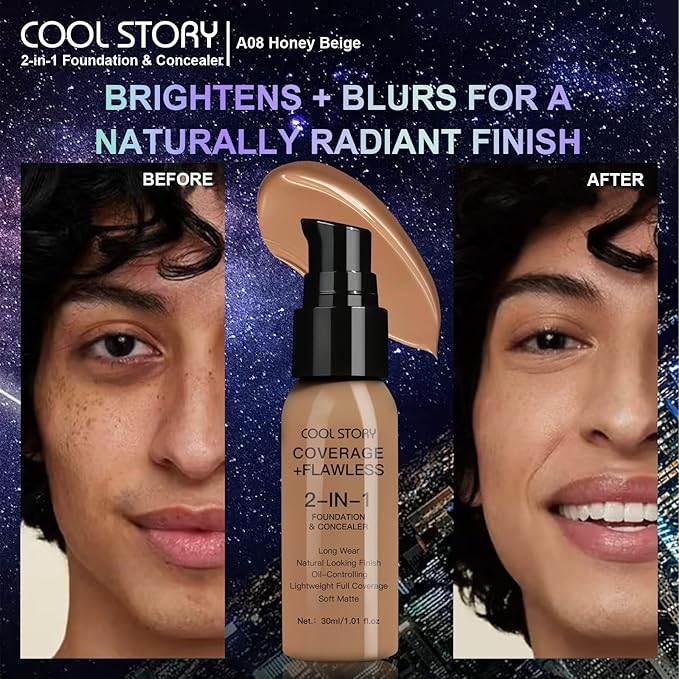 2-in-1 Foundation and Concealer Long Wear Natural Matte Finish Lightweight Coverage (Honey Beige)