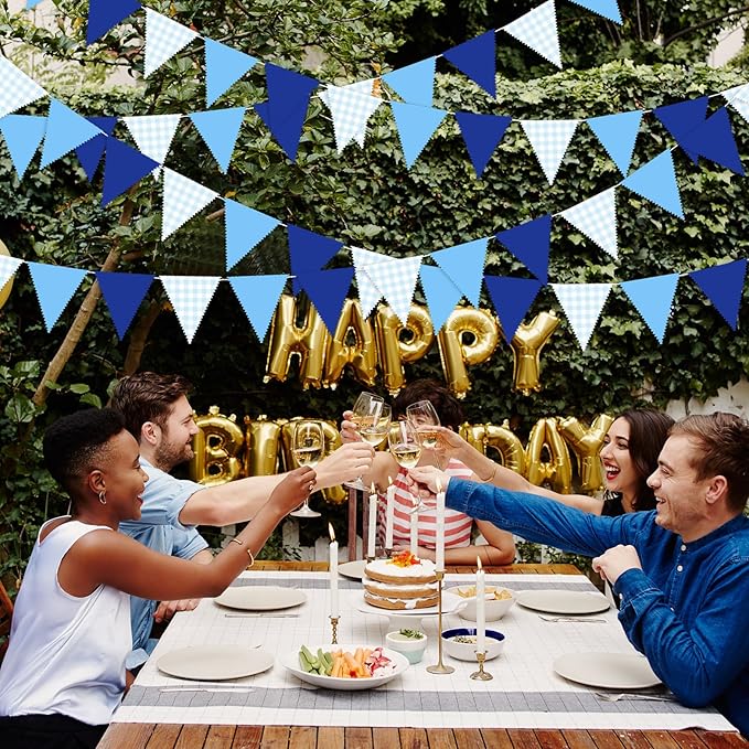 33 Ft Hanging Banner Decoration Triangle Flag Blue Pennant Plaid Fabric Bunting Garland for Birthday Wedding Baby Shower Party Supplies