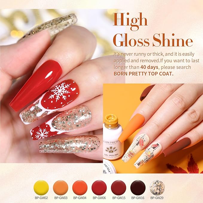 Born Pretty Fall Winter Gel Nail Polish Set Autumn Gel Polish Orange Pumpkin Cozy Campfire Brown Caramel Burgundy Wine Red Green Coffee Gel Nail Polish Fall Colors Collection 39PCS