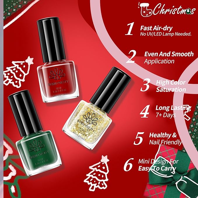 Born Pretty Christmas Nail Polish Set,6 Colors Red Green Sparkle Glitter Gold Silver Quick Dry Nail Polish Christmas Fast Drying Fingernail Lacquer Nail Art Design Manicure Salon DIY Home