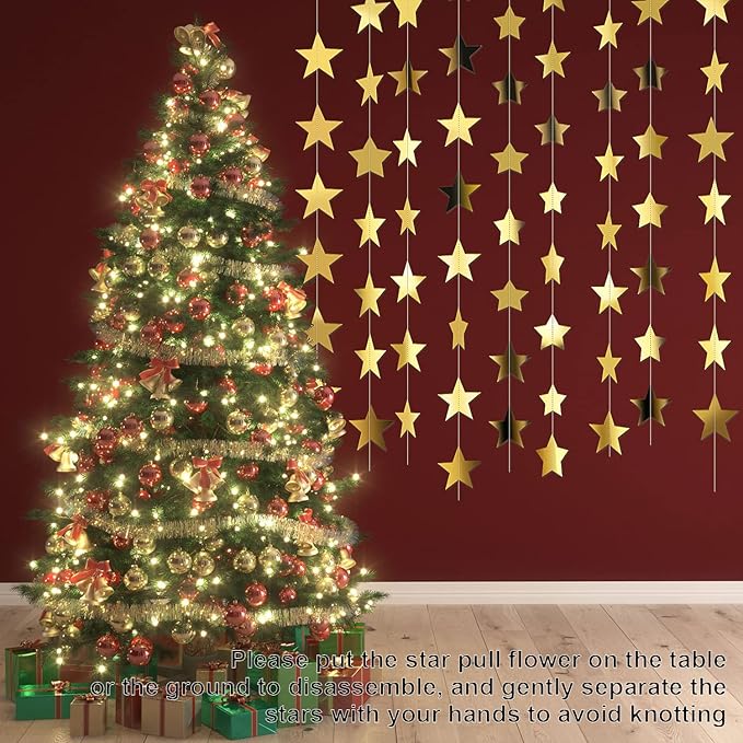 Patelai Glitter Star Garland Banner New Years Decor 130 Feet Star Hanging Banner Twinkle Backdrop for Birthday Classroom Wedding Halloween Christmas Party Supplies(Gold)