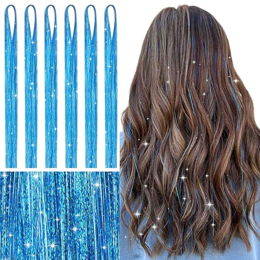 WENNALIFE Hair Tinsel for Girls, Sky Blue Fairy Kit 1200 Strands 6PCS 48 Inch Heat Resistant Glitter Tinsel Hair Extensions Kit Christmas Feathers Hair Sparkle Strands