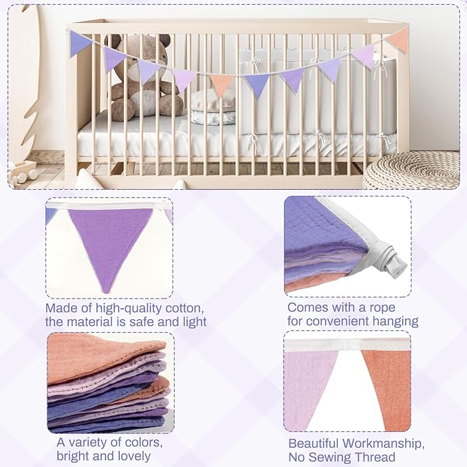 2PCS Pennant Banner Flags, Fabric Bunting Banner Nursery Garland Decor, Baby Shower Garland, Triangle Flags for Baby Boy Room, Playroom, Boho Birthday Party Decor, Each 7.75 ft (Purple Pink)