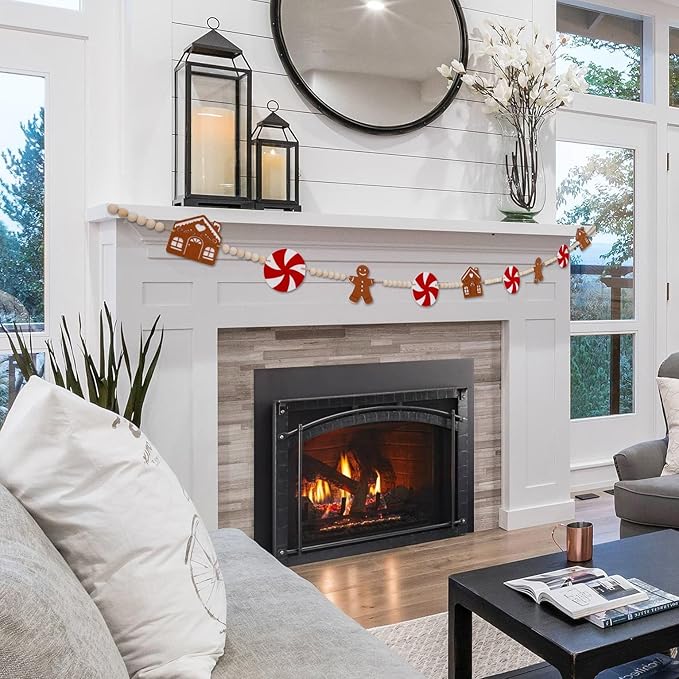 5.9FT Gingerbread Garland Christmas Decoration for Mantle, Xmas Gingerbread Man Wood Bead House Decor Indoor Fireplace