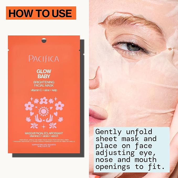 Pacifica Sheet Face Mask - 12 Pack - Glow Baby Brightening Facial Mask w/Vitamin C, Aloe & Kelp – Cooling Mask for Dark Spots & Fine Lines - Clean Beauty Vegan & Cruelty-Free Dermatologist Tested