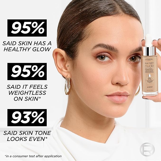 L'Oreal Paris True Match Nude Hyaluronic Tinted Serum Foundation with 1% Hyaluronic acid, Very Light 0.5-2, 1 fl. oz.