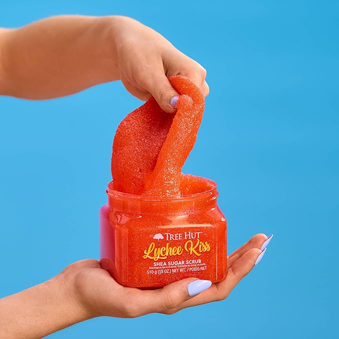 Tree Hut Lychee Kiss Shea Sugar Scrub, Exfoliating, Hydrating & Moisturizing Body Scrub with Shea Butter & Nourishing Essential Oils, Smooth & Soften Skin, 18 oz