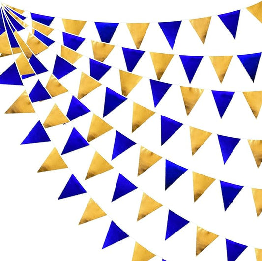 Royal Blue Gold Party Decoration Navy Blue Gold Triangle Pennant Banner Flag Metallic Fabric Bunting Garland for Graduation Birthday Wedding Retirement Bridal Shower Nautical Ahoy Achor Party Supplies