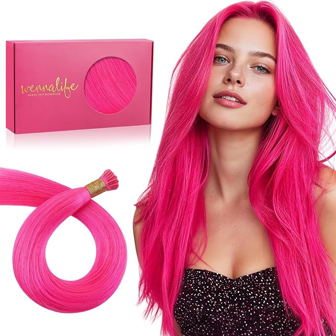 WENNALIFE I Tip Hair Extensions Human Hair, 50g 100s 14 Inch Hot Pink Remy Itip Human Hair Extensions Invisible Itips Straight I Tips Fusion Extensions Real Human Hair