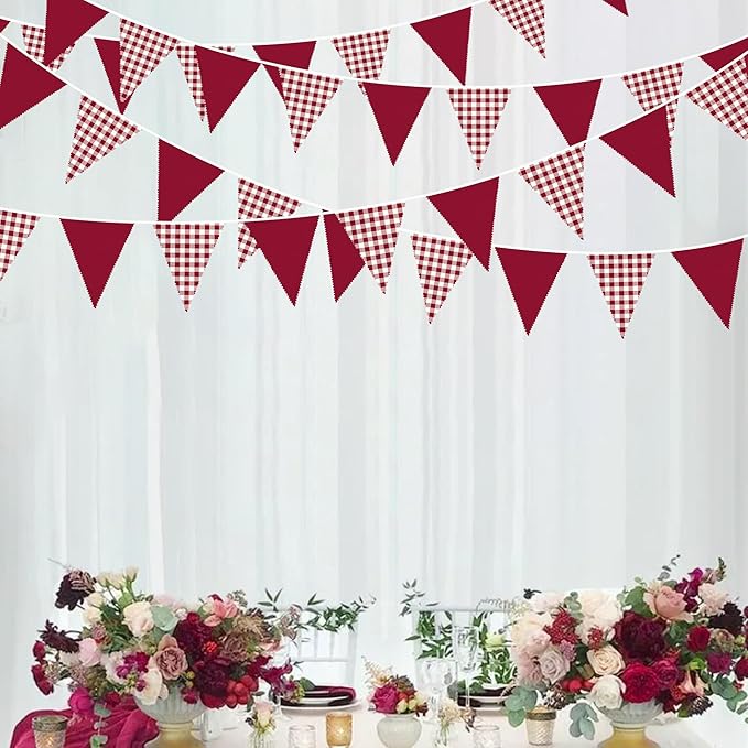 32Ft Burgundy Party Decorations Burgundy Gingham Plaid Checkered Triangle Flag Pennant Fabric Garland Streamers for Graduation Wedding Birthday Baby Shower Picnic Outdoor Home Party Decorations