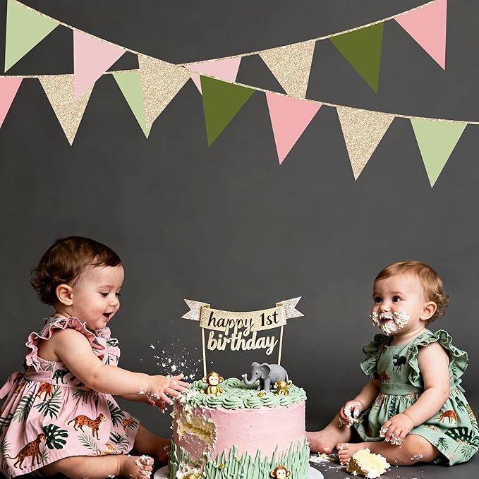 Sage Green Dusty Rose Pink Champagne Gold Pennant Banner Flag Hanging Glitter Paper Triangle Bunting for Girls Wild One Jungle Safari Woodland Themed Birthday Baby Shower Wedding Party Decorations