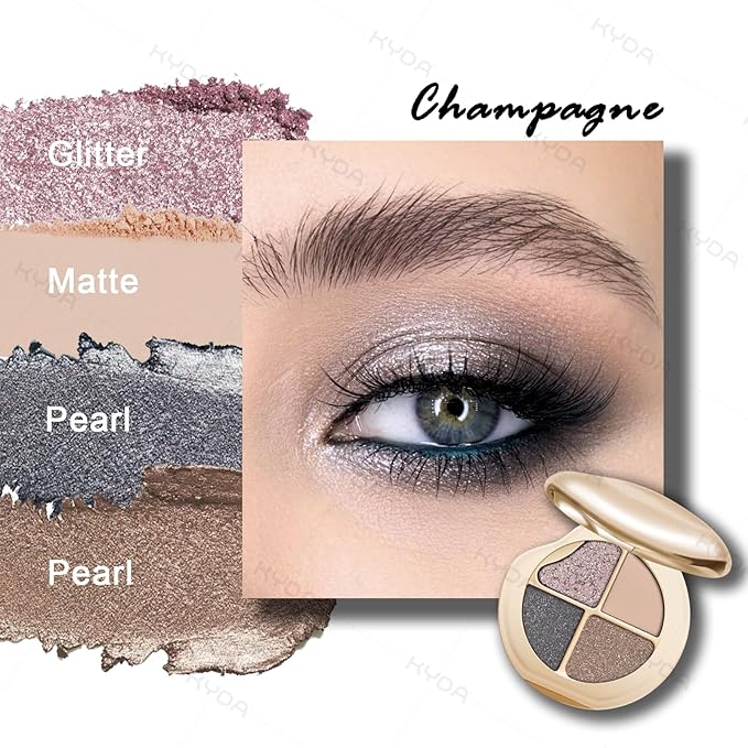 KYDA 4 Colors Eyeshadow Palette, Neutral Matte Eyeshadow, Pearl Metallic Glitter Makeup Palette, High Pigment Pressed Powder Eye Makeup for Old Women, Lasting Blendable Smokey Eyes Shadow, Champagne
