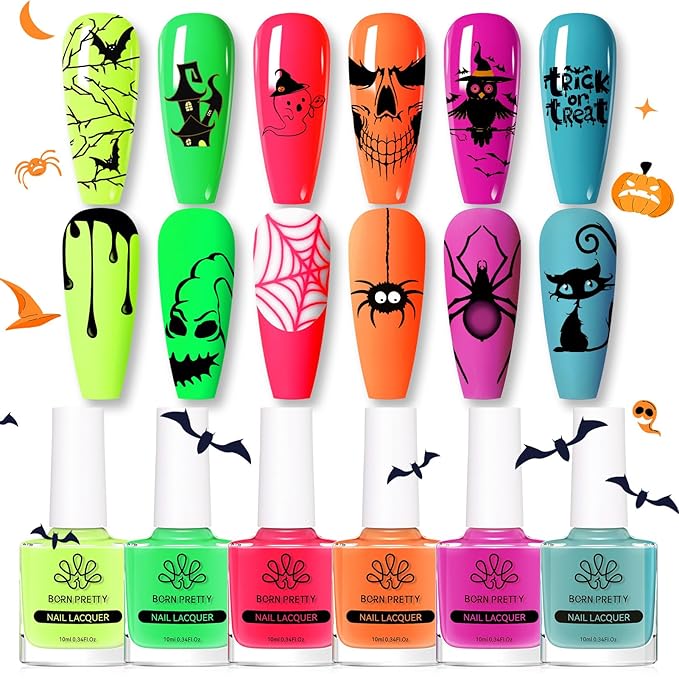 Born Pretty Neon Nail Polish Set, 6 Colors Halloween Quick Dry Nail Polish Hot Pink Orange Yellow Green Blue Purple Fingernail Polish 10ml 0.34oz Fluorescent Glossy Nail Lacquer Polish Set