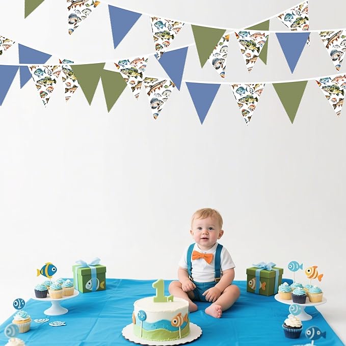 32Ft Gone Fishing Party Decorations Blue Green Fish Print Fabric Pennant Banner Triangle Flag Garland Streamer for Gone Fishing Birthday Little Fisherman Baby Shower Outdoor Fish Party Supplies