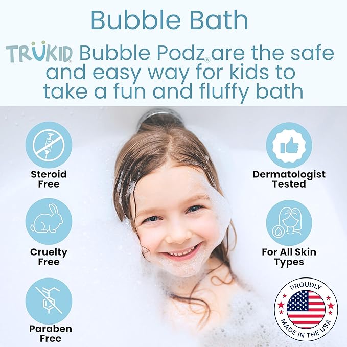 TruKid Bubble Podz Bubble Bath for Kids, Toddlers, & Babies, Tear Free Gentle & Refreshing Bath Bomb for Sensitive Skin with Natural Moisturizers, Non-Toxic, pH Balanced, Bubble Gum Scent (60 Podz)