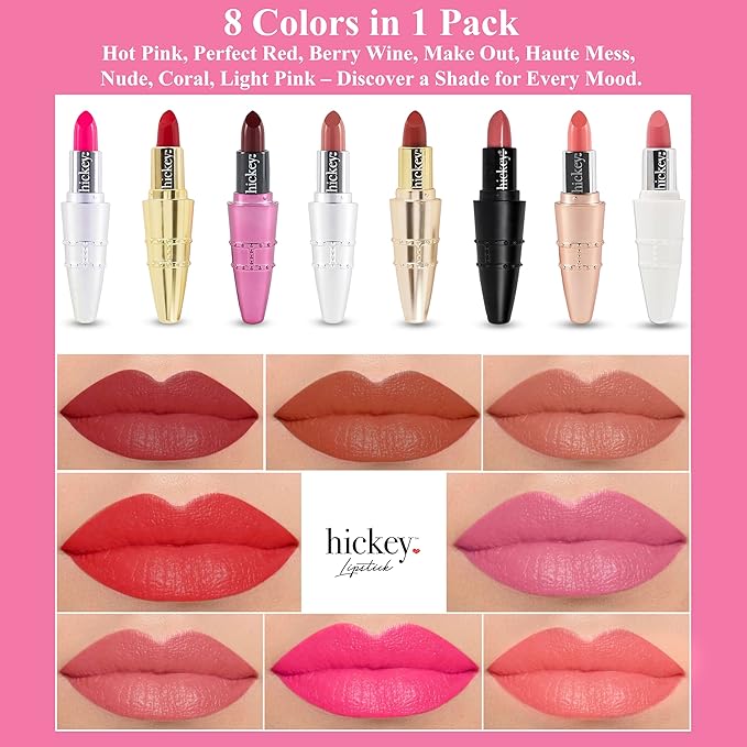 Hickey Lipstick Organic, Long Lasting Gluten Free Refillable Lipstick Collection THE VAULT COLLECTION - 8 Shades Red, Hot Pink, Nude, Light Pink, Coral, Berry, Mauve, Terracotta Nourishing