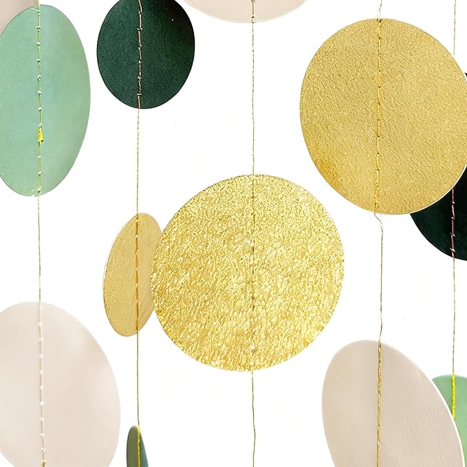 Sage Green Gold Beige Party Polka Dot Garlands Oilve Green Glitter Gold Hanging Paper Circle Dots Streamer for Baby Shower Birthday Wedding Engagement Retirement Boho Safari Party Decorations Supplies
