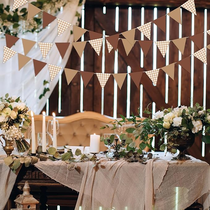 33 Ft Gingham Hanging Banner Decoration Brown Pennant Plaid Triangle Flag Fabric Bunting Garland for Birthday Baby Shower Party Supplies