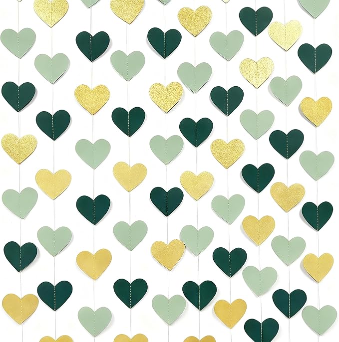 Sage Green and Gold Heart Party Glitter Gold Paper Olive Green Love Heart Hanging Garland Streamer Banner for Woodland Safari Baby Shower Birthday Wedding Anniversary Valentines Day Party Decorations