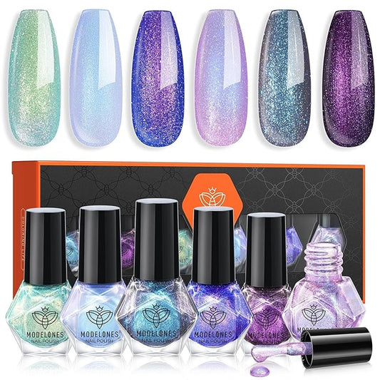 modelones Chameleon Nail Polish Set 6 Colors, Green Glitter Pink Blue Purple Holographic Quick Dry Mini Nail Lacquer Kit Gray Aurora Shimmer DIY Nail Art Manicure Gift For Women Girls
