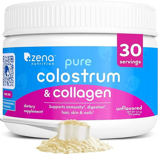 Zena Nutrition Bovine Colostrum & Collagen Powder Supplement for Gut Health, Immune Support, Digestion, Hair, Skin & Nails, Unflavored, Gluten & Sugar Free, 30 Servings