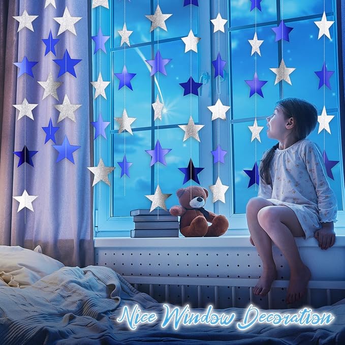 Patelai Glitter Star Garland Banner New Years Decor 130 Feet Star Hanging Banner Twinkle Backdrop for Birthday Classroom Wedding Halloween Christmas Party Supplies(Ocean Blue, Glitter Silver)