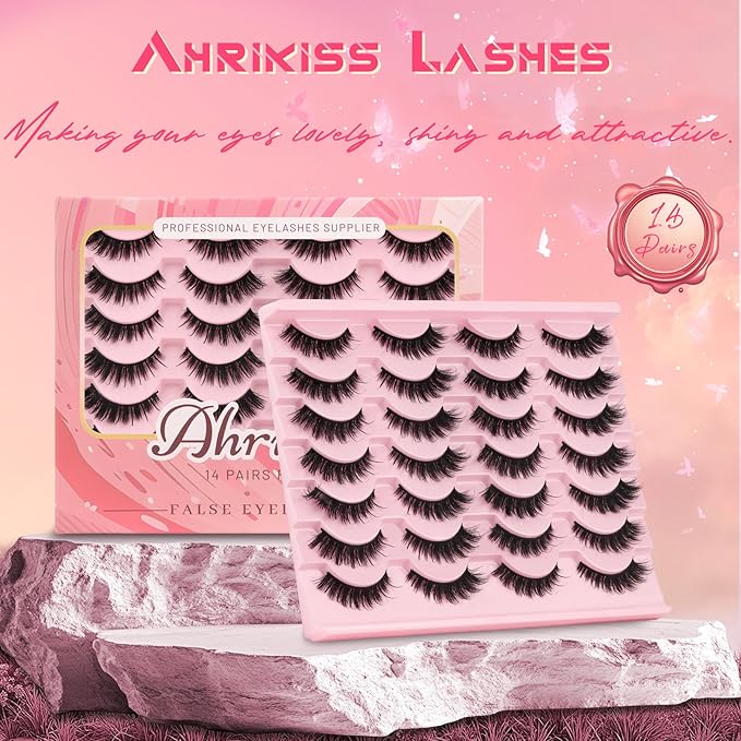 Ahrikiss Lashes Fluffy Eyelashes Wispy Thick False Eyelashes Spiky Manga Lashes D Curl Cat Eye Lashes Natural Look 3D Volume Anime Fake Eyelashes Faux Mink Lashes 14 Pairs Pack (Spike03)