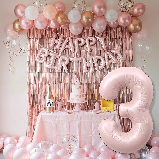 3rd Birthday Balloons for Girls, 40'' Foil Self Inflating Light Baby Pink Number 3 Balloon, Pastel Dusty Blush Pink Large 3 Balloon Number for 3 Yeal Old Birthday Party Decor Anniversary Decorations