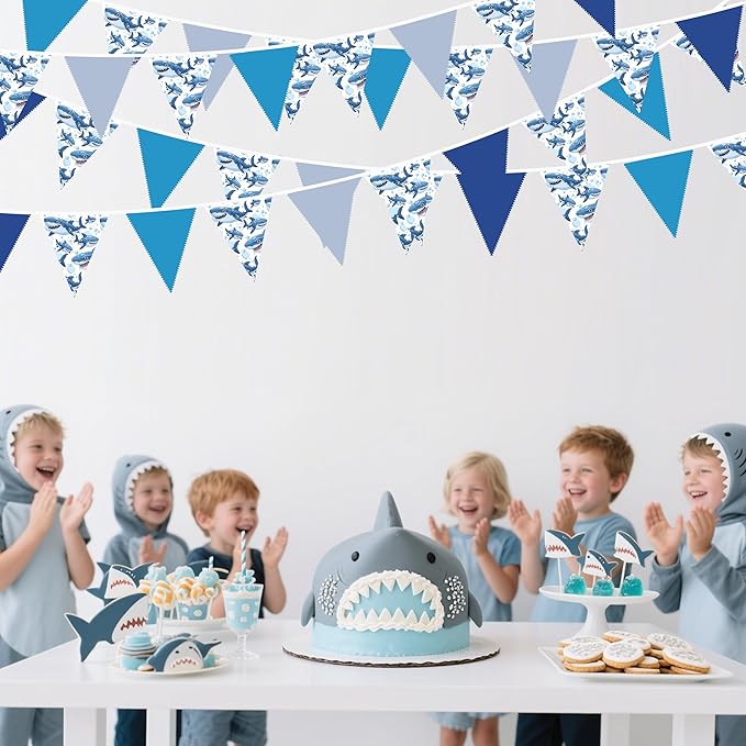 32Ft Shark Party Decorations Blue Cute Shark Triangle Flag Pennant Banner Fabric Garland Streamer for Kids Boys Ocean Birthday Sea Animal Nautical Baby Shower Under The Sea Party Decor Supplies