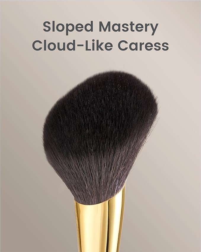 Desert Oak Series Sloped Umbrella Powder Brush - Angled Top for Effortless Powder Application, Premium Goat Hair Bristles with Bubinga Handle & Golden Brass Ferrule (CM 162)