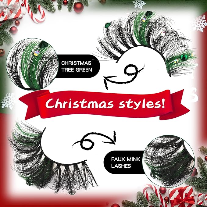 Veleasha Lashes Kit Christmas Eyelashes Green Fluffy Volume False Eyelashes for New Year With Waterproof Black Lash Glue and Tweezers 100% Handmade Santa Lashes (Jingle Bells)