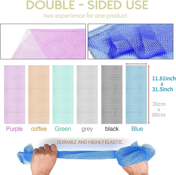 UJFQBH 6 Pieces African Bath Sponge African Net Long Net Bath Sponge Exfoliating Shower Body Scrubber Back Scrubber Skin Smoother,Great for Daily Use (Purple, Gray, Blue, Black, Brown, Green)