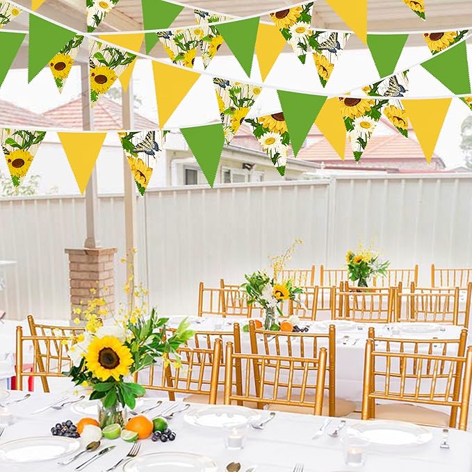 32Ft Yellow Green Pennant Banner Fabric Sunflower Butterfly Triangle Flag Bunting Garland for Spring Summer Party Decorations Birthday Wedding Baby Shower Tea Party Outdoor Garden Hanging Decorations