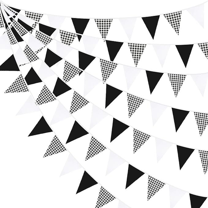 32Ft Black Party Decorations Black Buffalo Plaid Checkered White Triangle Flag Gingham Pennant Bunting Fabric Garland for Racing Car Party BBQ Birthday Wedding Carnival Picnic Outdoor Home Decor