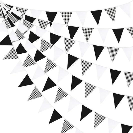 32Ft Black Party Decorations Black Buffalo Plaid Checkered White Triangle Flag Gingham Pennant Bunting Fabric Garland for Racing Car Party BBQ Birthday Wedding Carnival Picnic Outdoor Home Decor