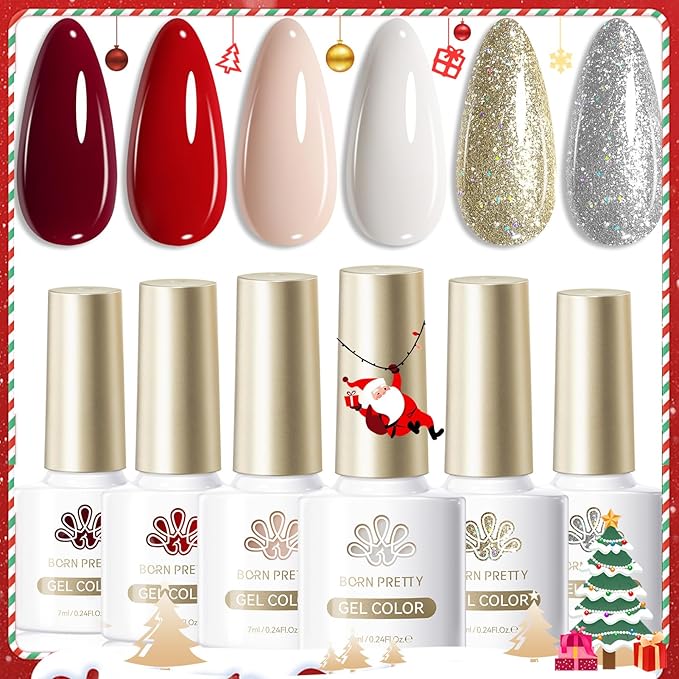 Born Pretty Christmas Red Gel Nail Polish Set,6 Colors Christmas Burgundy Blood Red Glitter Snowflake White Gold Silver Sparkle Nail Gel Kit Soak Off U V Nail Gel Polish Nail Art Home Diy Manicure