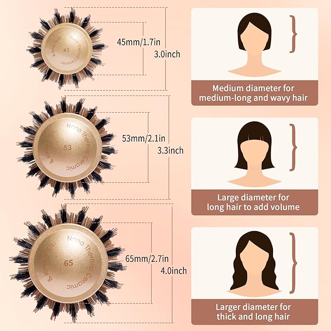 Round Hair Brush for Blow Out, 1.7 Inch, Nano Thermal Ceramic & Ionic Tech, Boar Bristle, Roller Brush for Blow Drying and Styling, Includes 4 Free Clips, Gold