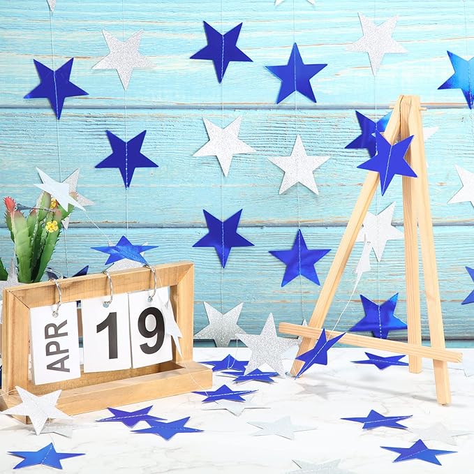 Patelai Glitter Star Garland Banner New Years Decor 130 Feet Star Hanging Banner Twinkle Backdrop for Birthday Classroom Wedding Halloween Christmas Party Supplies(Ocean Blue, Glitter Silver)