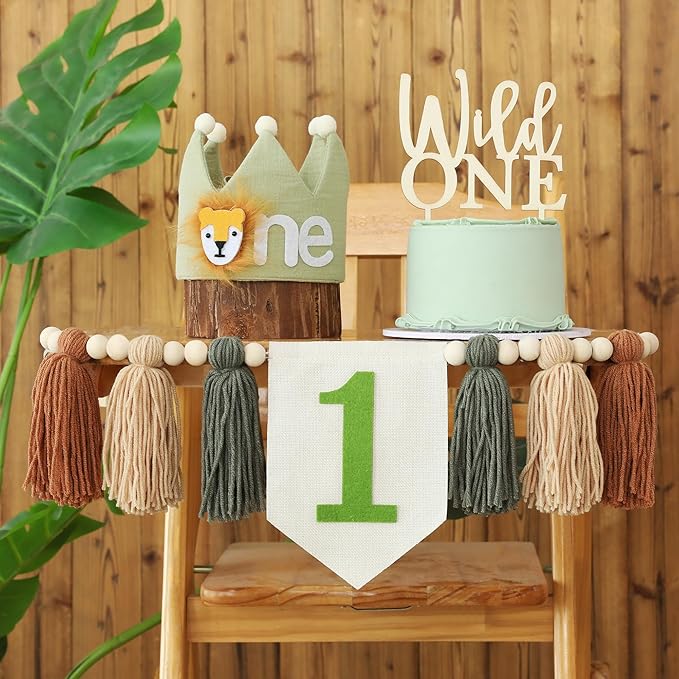 Wild One 1st Highchair Banner Wood Bead Tassel Garland Lion Crown Hat Wooden Cake Topper Birthday Party Decorations