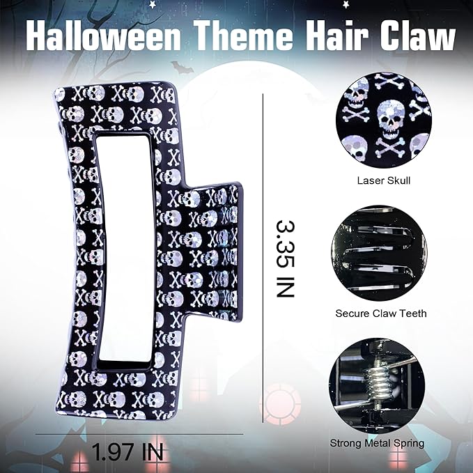 2PCS Halloween Hair Claws for Women - Laser Skull Hat Claw, Pumpkin Bat Witch Clips - Square Clip for Thick and Thin Hair, Strong Hold Jaw Accessories for Halloween Party Decor