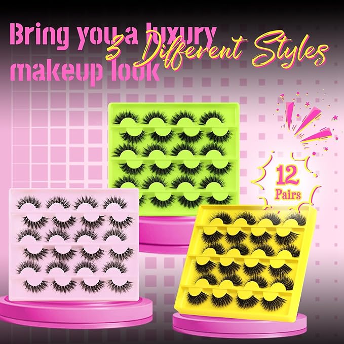 Veleasha Lashes Wispy Eyelashes 12 Pairs Natural Look False Eyelashes 100% Handmade Soft Lashes Strips (Dopamine Yellow)