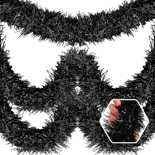 25 Feet Christmas Foil Fringe Banner Metallic Tassle Garland Metallic Backdrop Parade Floats Shiny Hanging Ceiling, Valentine's, Wedding, New Year Party Decorations(4" x 25', Black)