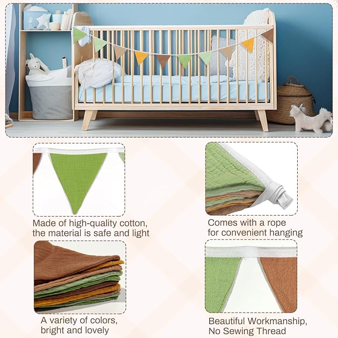 2PCS Pennant Banner Flags, Fabric Bunting Banner Nursery Garland Decor, Baby Shower Garland, Triangle Flags for Baby Boy Room, Playroom, Boho Birthday Party Decor, Each 7.75 ft (Green Brown Yellow)