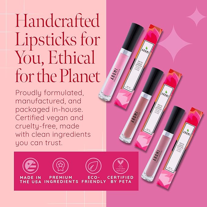 Aromi Bright Pink Matte Liquid Lipstick | Long-Lasting, Magenta Fuchsia Lip Color for Women, Blue Undertones, Vegan, Waterproof (Pink Peonies)