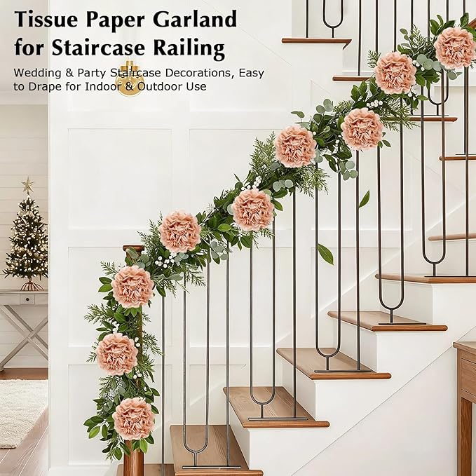 Tissue Paper Pom Pom Garland Hanging Paper Flower Decorations for Wedding Baby Shower Engagement Garden Tea Party Bridal Shower Spring Summer Wall Decor Nursery Arch Backdrop